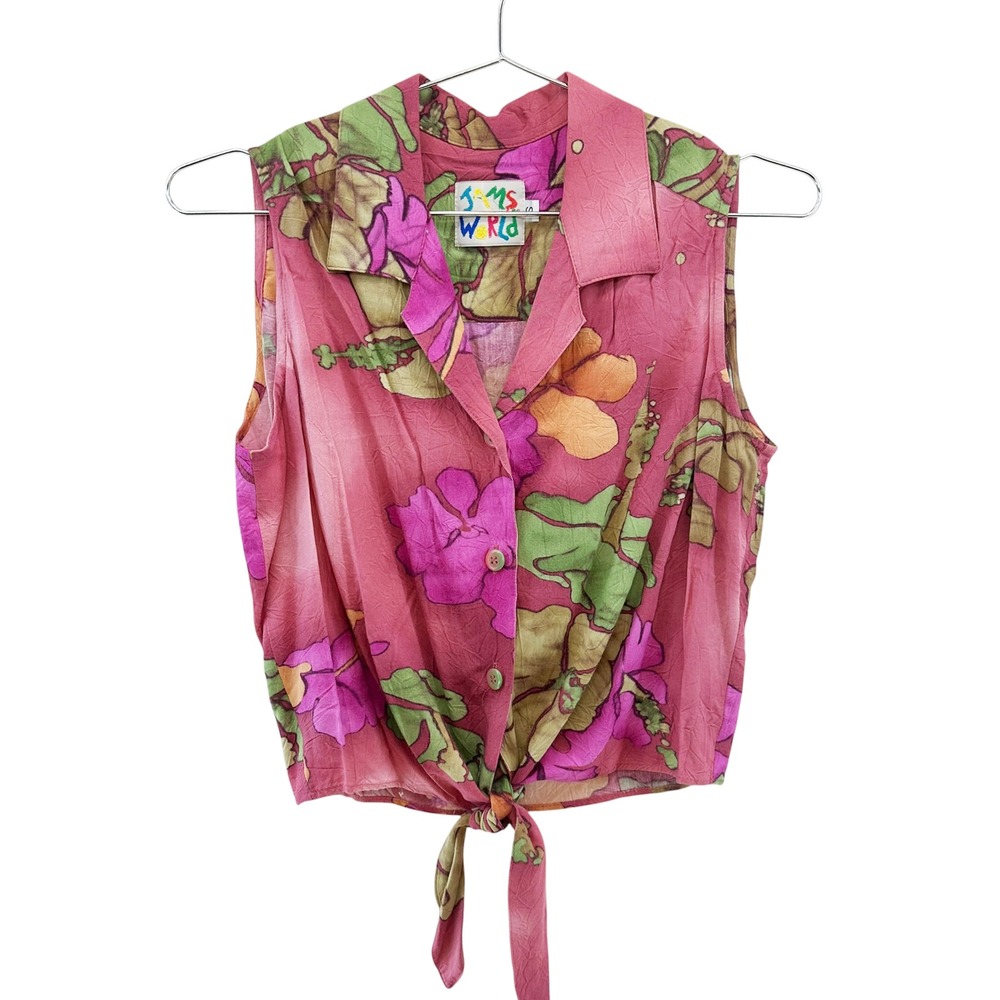 JAMS WORLD Vintage Batik Hibiscus Tie Front Tank Top • Small • pink Hawaiian